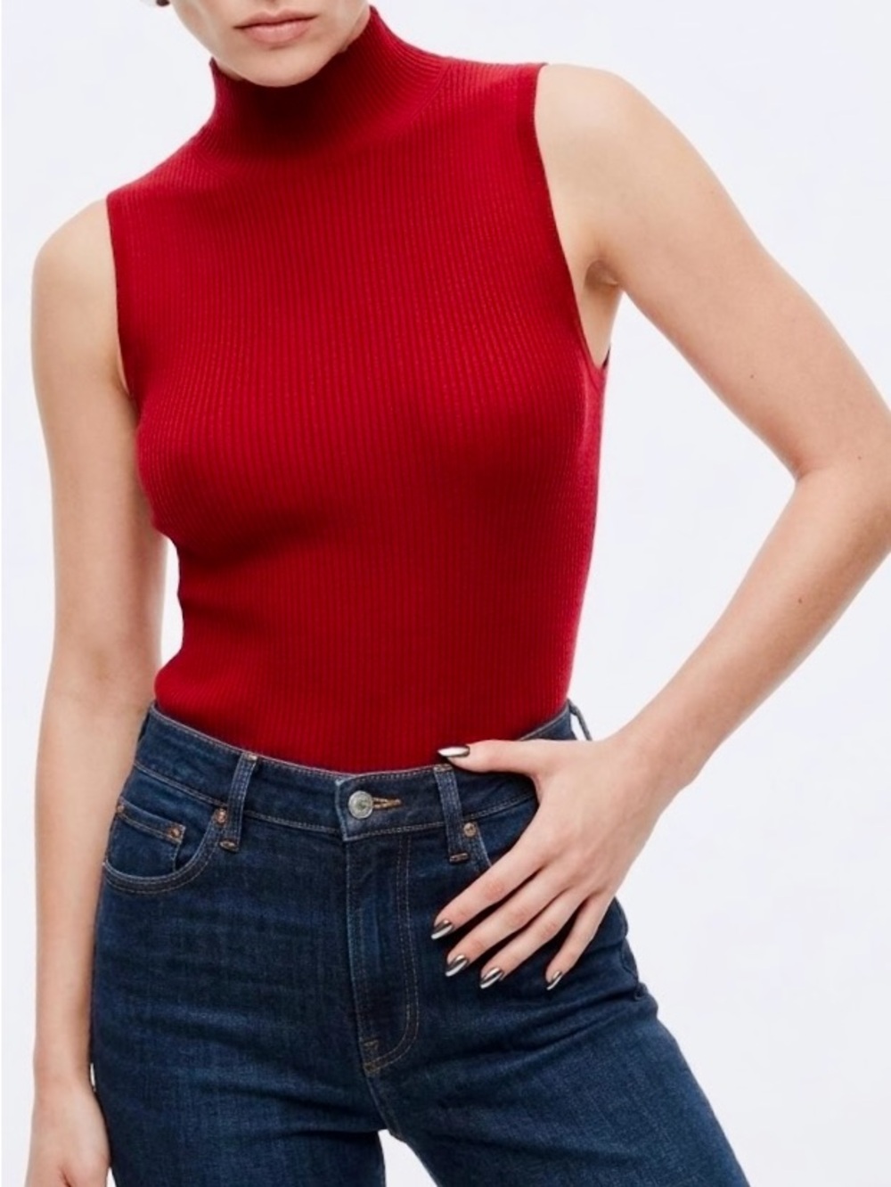 INVESTMENTS Red Ribbed Mock-Neck Tank Top Minimalist Layering Turtleneck — #LHP